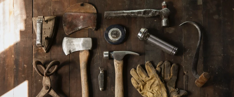 Wooden table with a variety of tools laying on it - hammer, ax, flashlight and more.